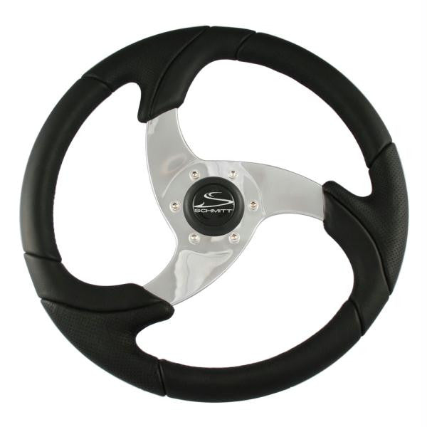 Ongaro Folletto 14.2" Black Poly Steering Wheel w- Polished Spokes and Black Cap - Fits 3-4" Tapered Shaft Helm