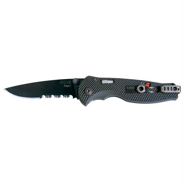 SOG Flash I Partially Serrated Folding Knife - Black TiNi