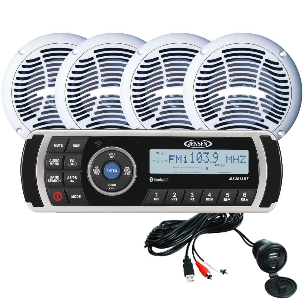 JENSEN CPM200 AM-FM-USB Waterproof, Bluetooth Stereo Package w-MS2013BT, Aux Input & 4-AMS602W Speakers