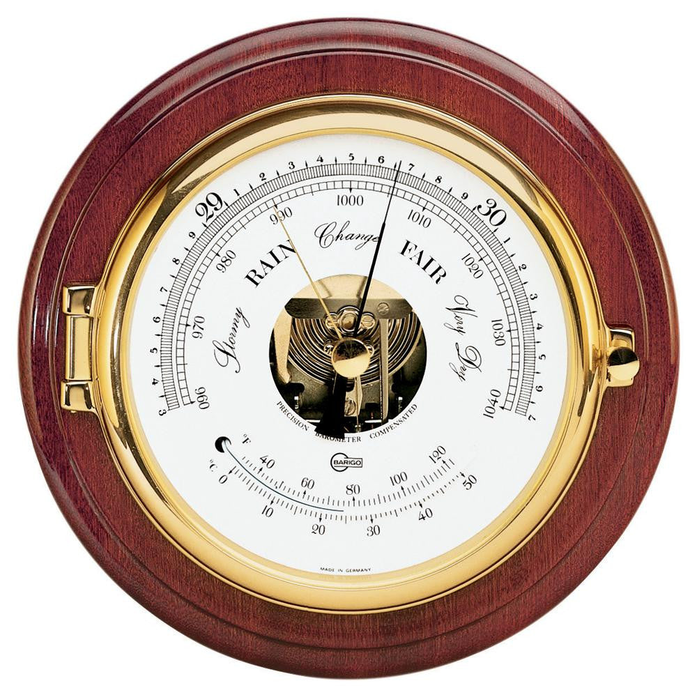 BARIGO Captain Series Barometer-Thermometer - Brass & Mahogany - 6" Dial