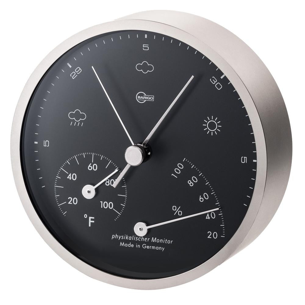 BARIGO Pentable Series Barometer - Thermometer - Hygrometer - Wall Plated Nickel Housing - 4" Black Dial