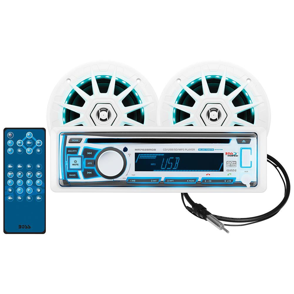 Boss Audio Combo Kit w-MR762BRGB Receiver, One Pair 6.5" Marine MRGB65 Speakers & MRANT10