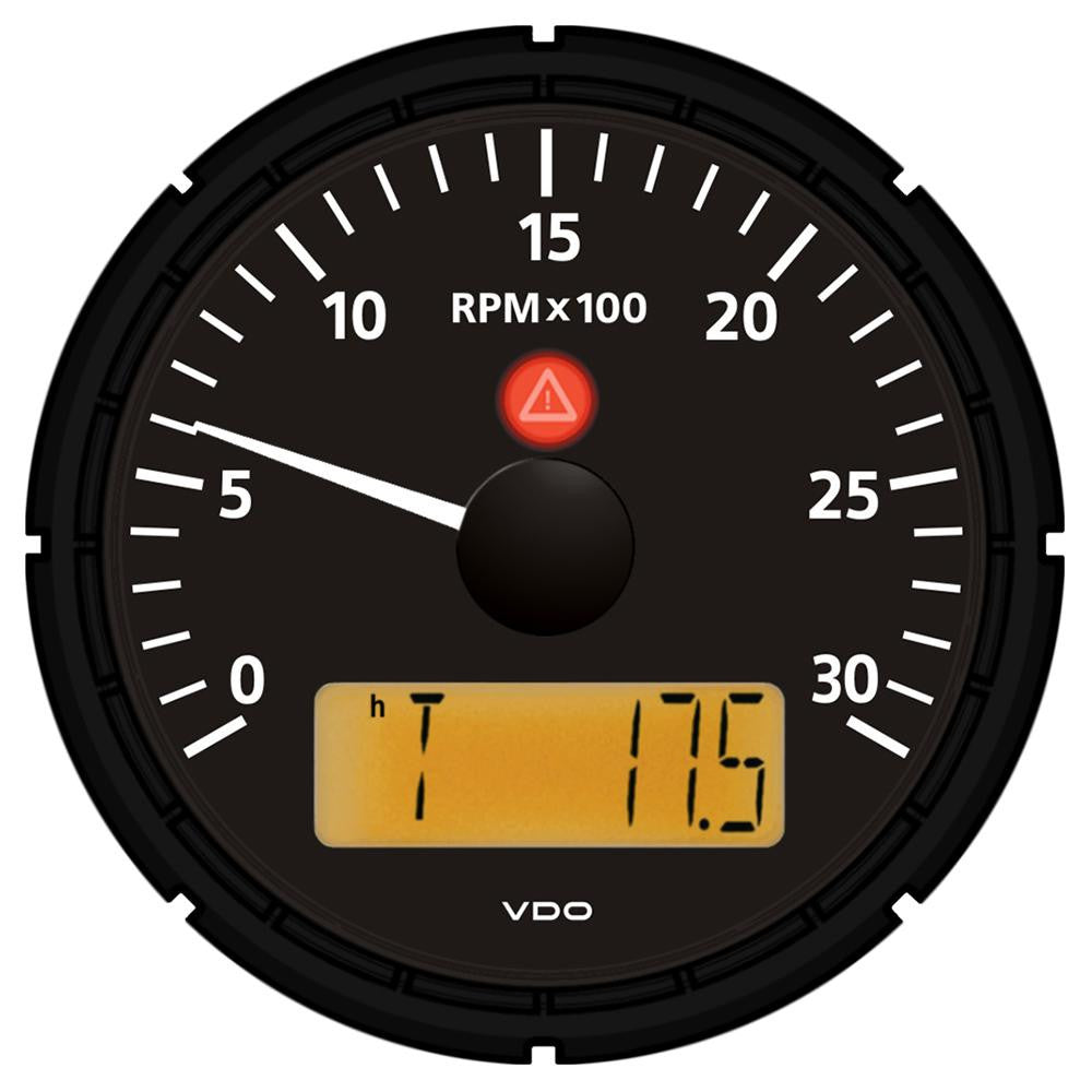 VDO Viewline Onyx 3,000 RPM 3-3-8" (85mm) Tachometer w-2 Hourmeters, Clock and Voltmeter - 12-24V