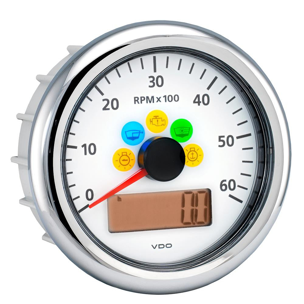 VDO Viewline Ivory 6,000 RPM 3-3-8" (85mm) Marine Tachometer w-2 Hourmeters, Clock and Voltmeter - 12-24V