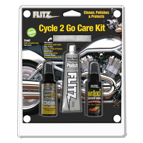 Flitz Cycle 2 Go Care Kit w-Polish, Speed Waxx&reg;, Chrome Clean & Microfiber Cloth