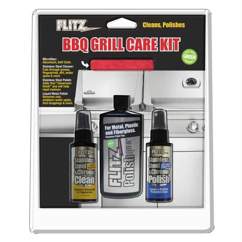 Flitz BBQ Grill Care Kit w-Liquid Metal Polish, Stainless Steel Cleaner, Stainless Steel Polish & Microfiber Cloth