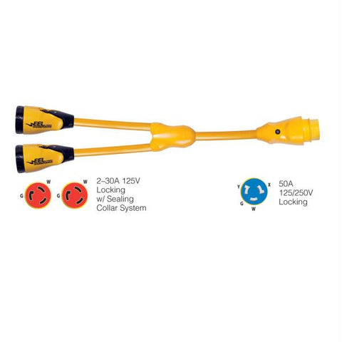 Marinco Y504-2-30 EEL (2)-30A-125V Female to (1)50A-125-250V Male &quot;Y&quot; Adapter - Yellow