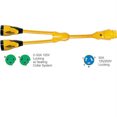 Marinco Y504-2-503 EEL (2)50A-125V Female to (1)50A-125-250V Male &quot;Y&quot; Adapter - Yellow