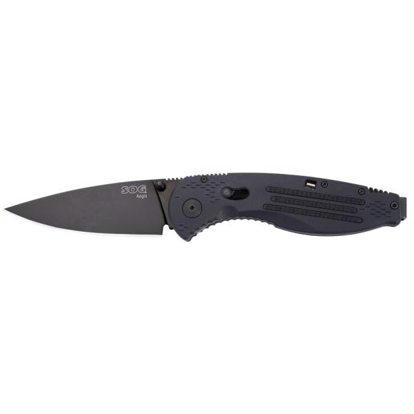 SOG Aegis Drop Point Straight Edge Folding Knife - Black TiNi