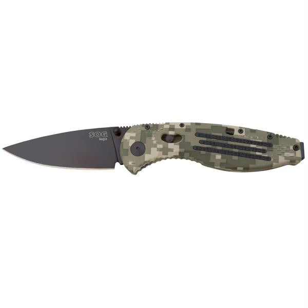 SOG Aegis Drop Point Straight Edge Digi Camo Folding Knife - Black TiNi