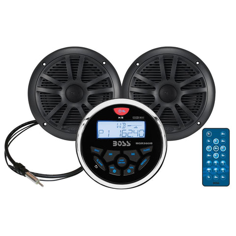 Boss Audio MCKGB350B.6 Combo - Marine Gauge Radio w-Marine Antenna & 2 6.5&quot; Speakers - Black