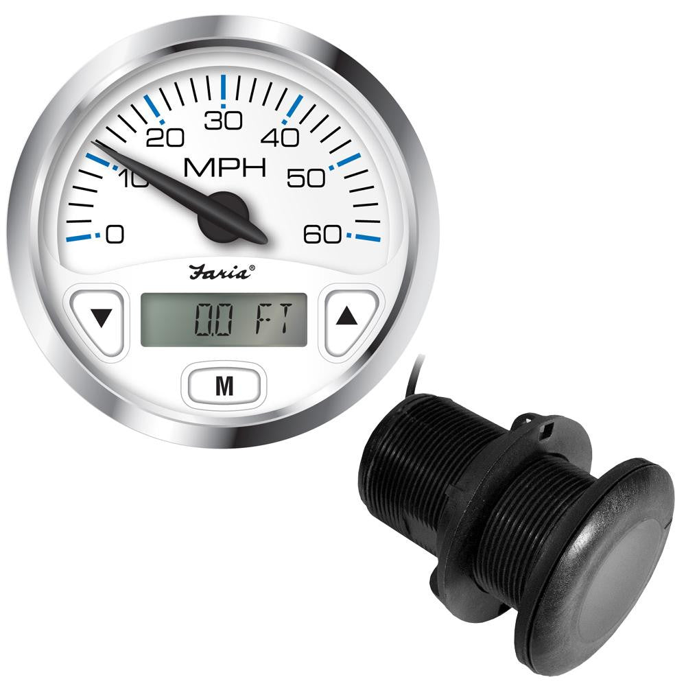 Faria Chesapeake White SS 4&quot; GPS Speedometer w-Digital Depth Display - 60MPH - w-Thru-Hull Transducer