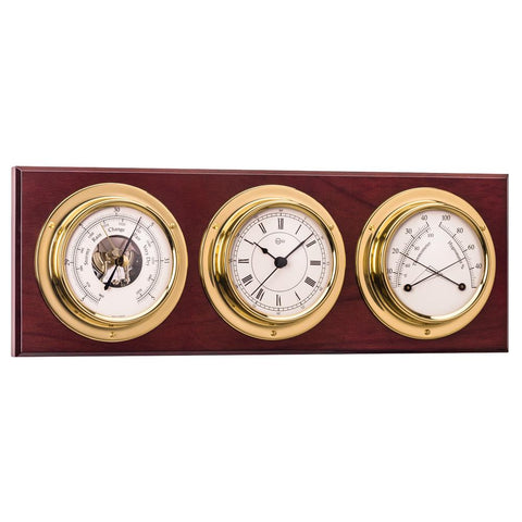 BARIGO Weather Station w-Ship's Barometer, Comfortmeter & Quartz Ship Clock - Brass & Mahogany - 3.3&quot; Dial