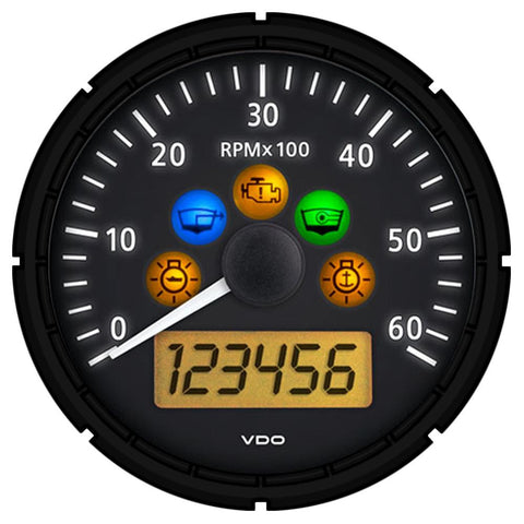 VDO Viewline Onyx 6,000 RPM 3-3-8&quot; (85mm) Marine Tachometer w-2 Hourmeters, Clock and Voltmeter - 12-24V