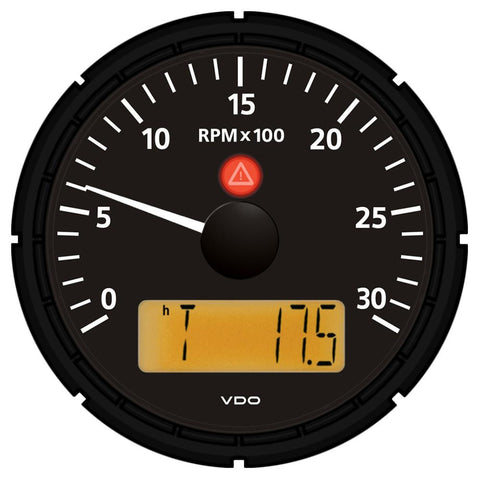 VDO Viewline Onyx 3,000 RPM 3-3-8&quot; (85mm) Tachometer w-2 Hourmeters, Clock and Voltmeter - 12-24V