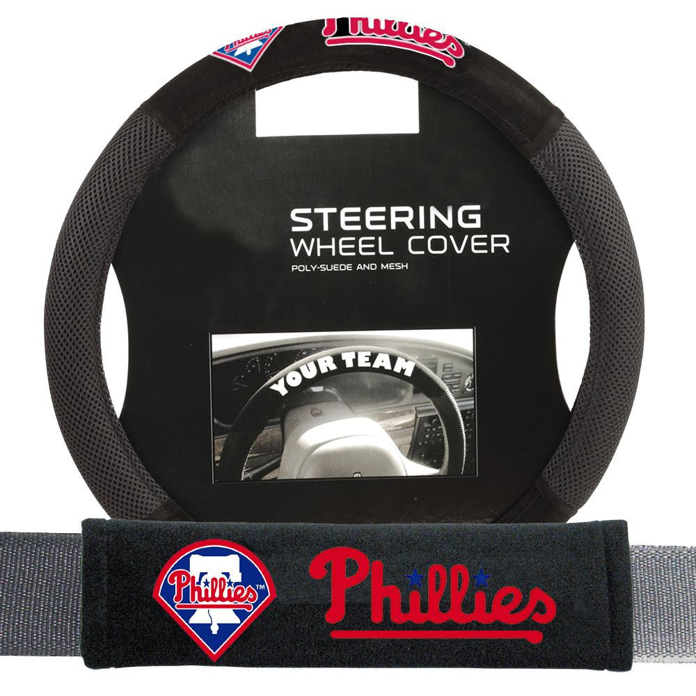 Philadelphia Phillies MLB Steering Wheel Cover and Seatbelt Pad Auto Deluxe Kit (2 Pc Set)