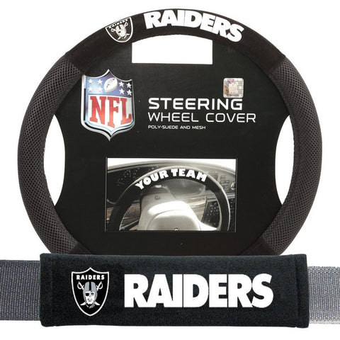 Oakland Raiders NFL Steering Wheel Cover and Seatbelt Pad Auto Deluxe Kit