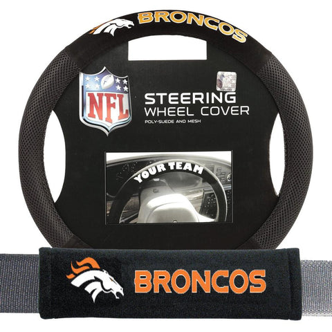 Denver Broncos NFL Steering Wheel Cover and Seatbelt Pad Auto Deluxe Kit