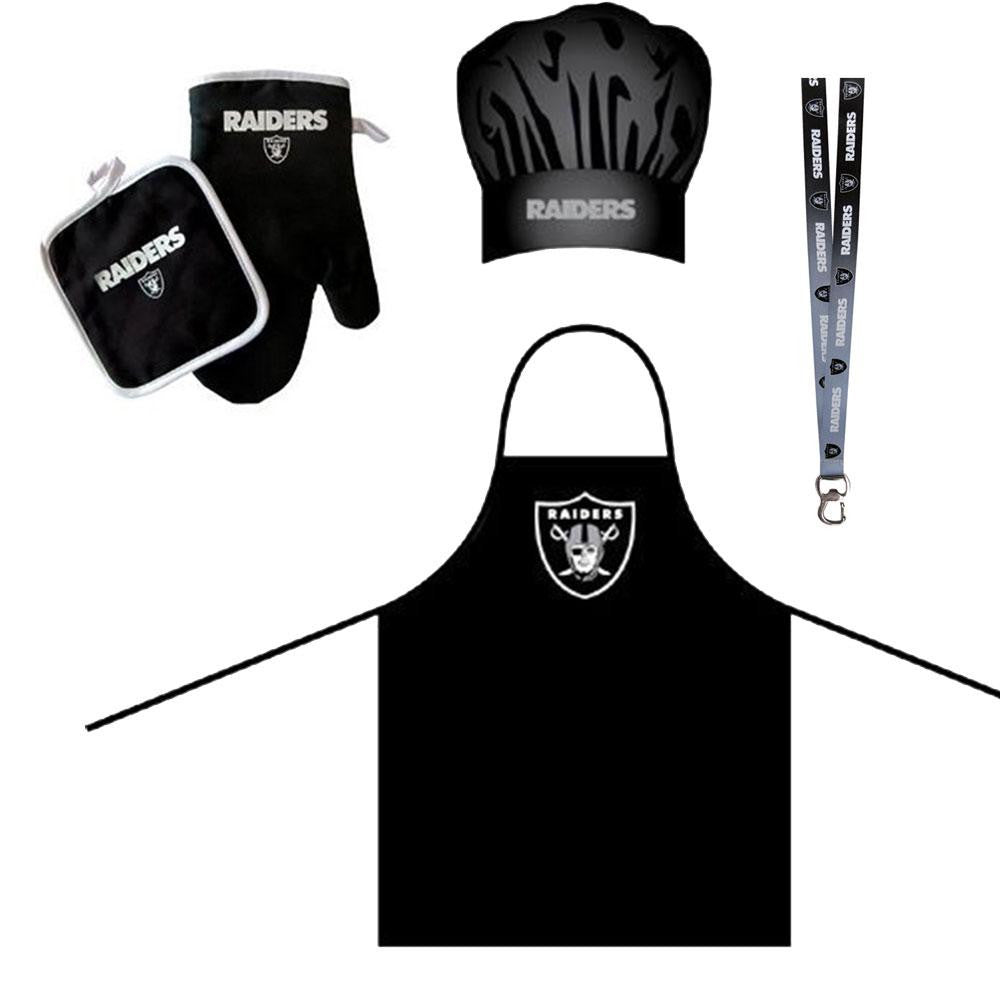 Oakland Raiders NFL Barbeque Apron and Chef's Hat and Oven Mitt with Bottle Opener