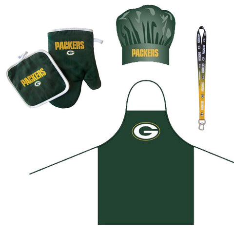 Green Bay Packers NFL Barbeque Apron and Chef's Hat and Oven Mitt with Bottle Opener