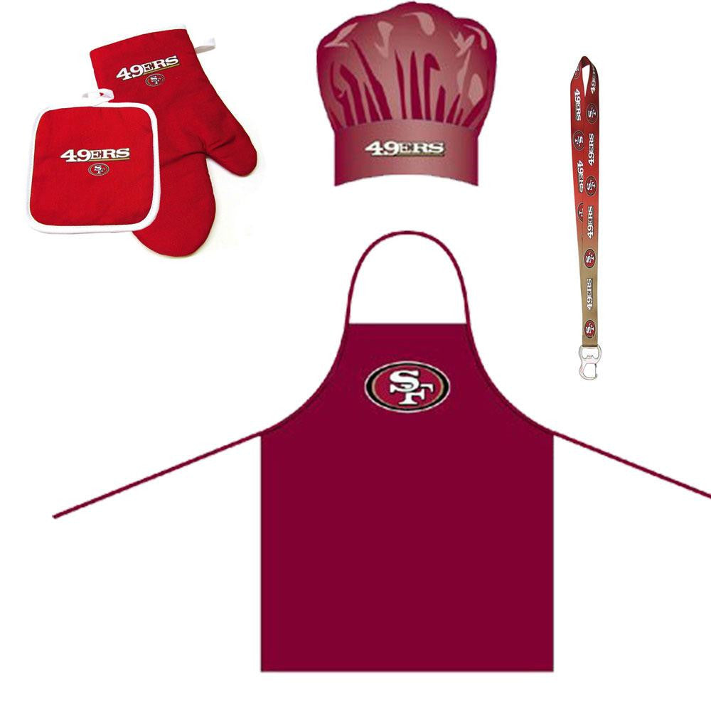 San Francisco 49ers NFL Barbeque Apron and Chef's Hat and Oven Mitt with Bottle Opener