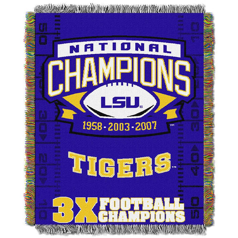 LSU Tigers NCAA 3X Champions Commemorative Series Woven Throw (48x60)