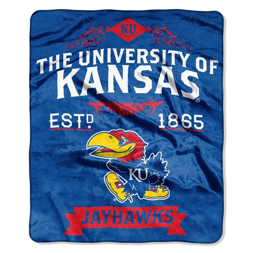 Kansas Jayhawks NCAA Royal Plush Raschel Blanket (Label Series) (50x60)