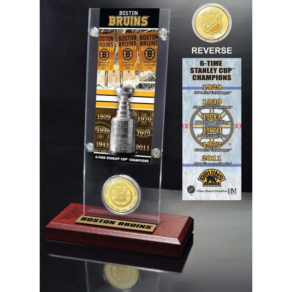 Boston Bruins 6x Stanley Cup Champions Ticket and Bronze Coin Acrylic Display