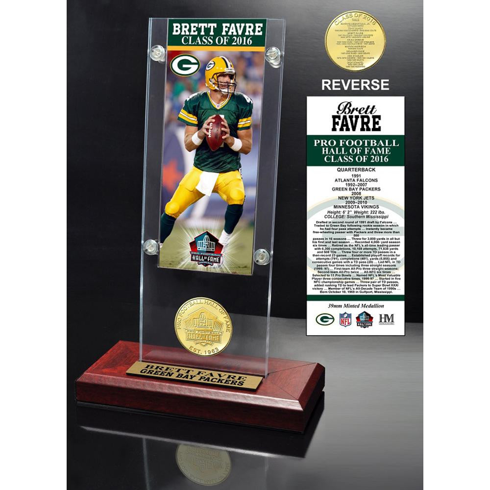 Brett Favre 2016 Pro Football HOF Induction Ticket & Bronze Coin Acrylic Desk Top