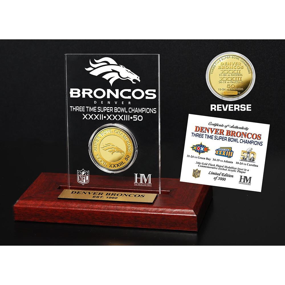 Denver Broncos 3-time Super Bowl Champions Gold Coin Etched Acrylic