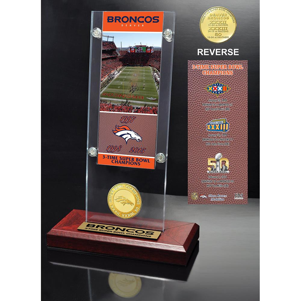 Denver Broncos 3-time Super Bowl Champions Ticket & Bronze Coin Acrylic Desk Top