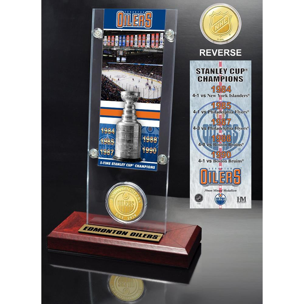 Edmonton Oilers 5x Stanley Cup Champions Ticket and Bronze Coin Acrylic Display