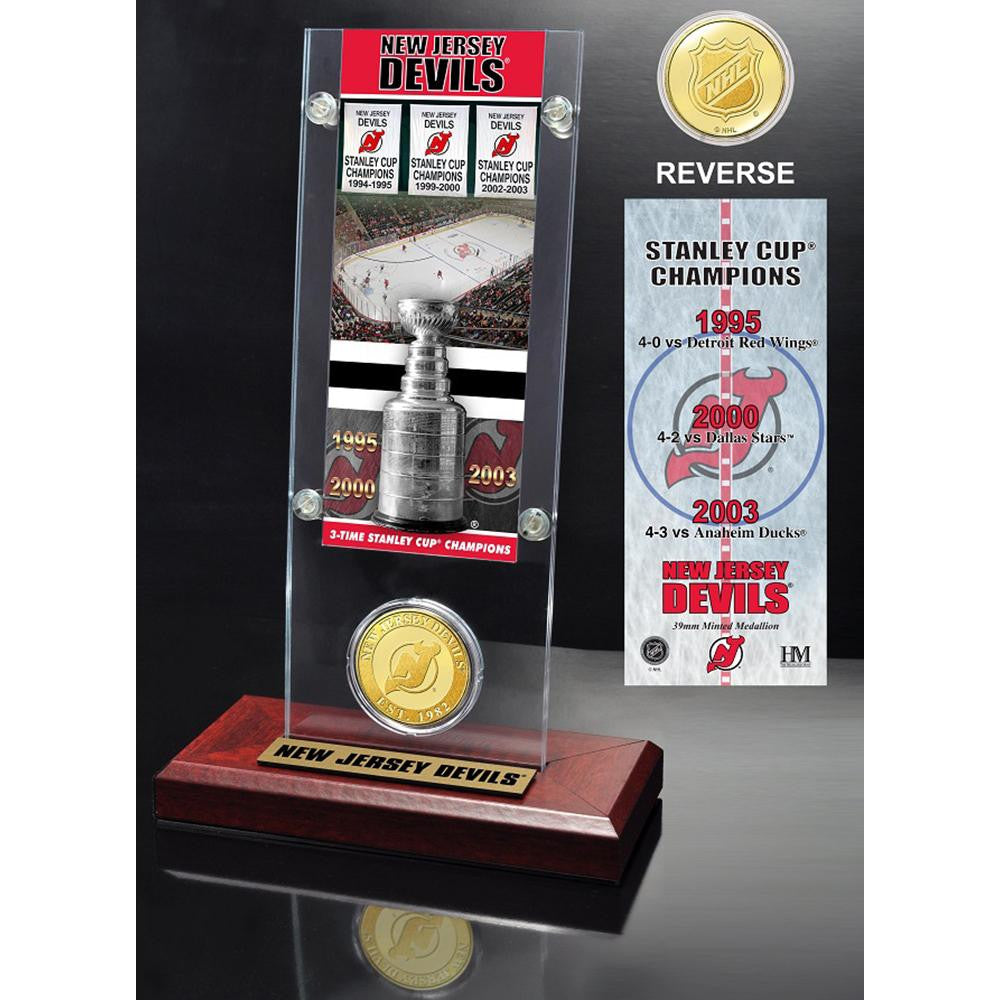 New Jersey Devils 3x Stanley Cup Champions Ticket and Bronze Coin Acrylic Display