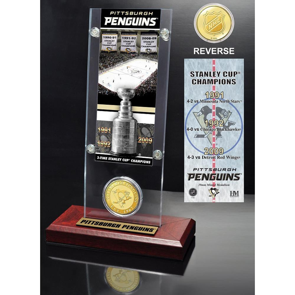 Pittsburgh Penguins 3x Stanley Cup Champions Ticket and Bronze Coin Acrylic Display
