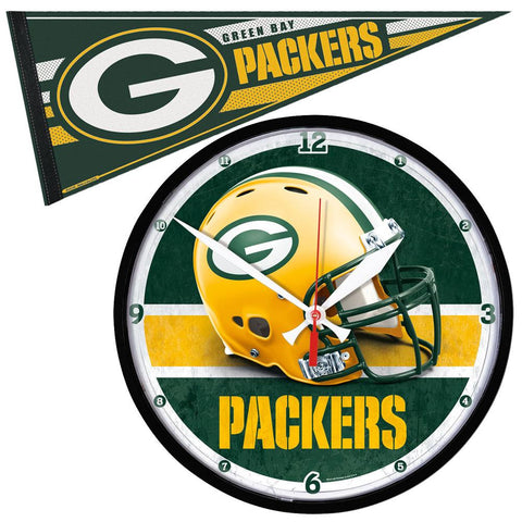 Green Bay Packers NFL Round Wall Clock and Pennant Gift Set