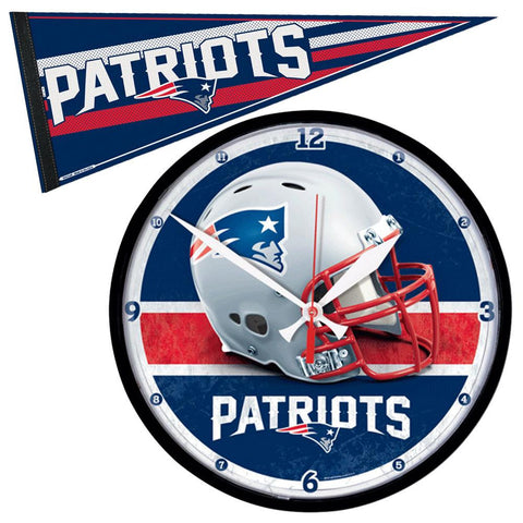 New England Patriots NFL Round Wall Clock and Pennant Gift Set