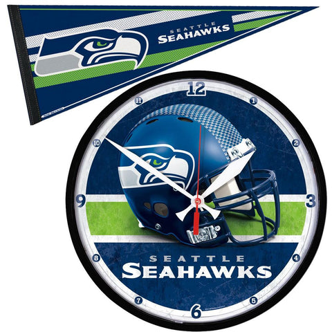 Seattle Seahawks NFL Round Wall Clock and Pennant Gift Set